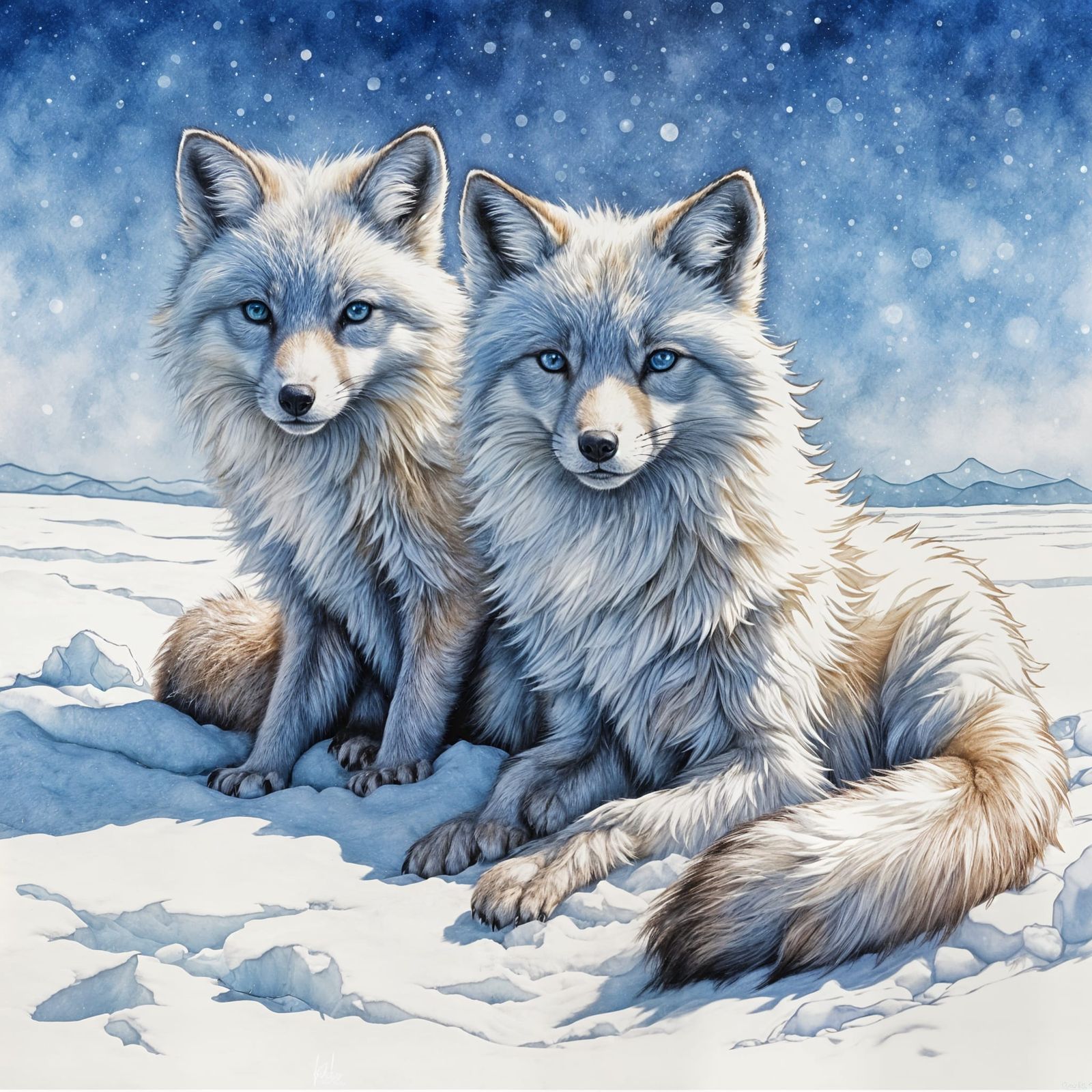 Two majestic arctic foxes both have "Bright Blue Eyes" "One sitting on the snow" "The other walking behind and across th...