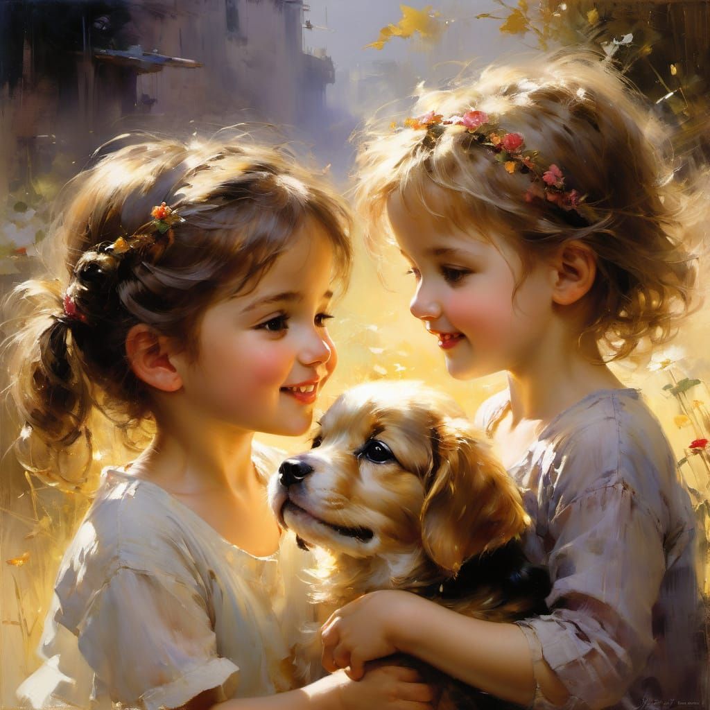 Heartwarming Watercolor of Child and Puppy in Soft Golden Li...