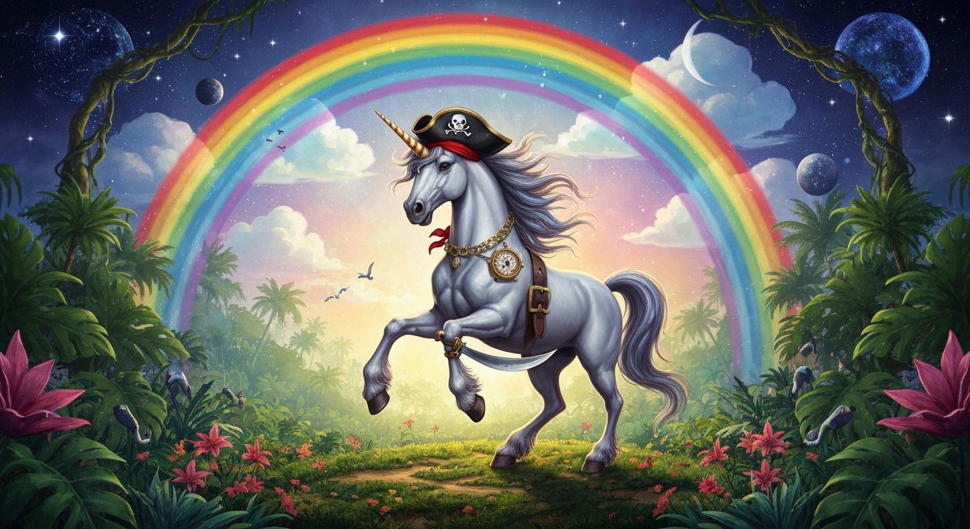 Pirate Unicorn Swashbuckler in Cosmic Jungle Illustration