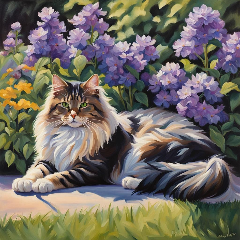 Longhaired Cat in Garden as Oil Painting
