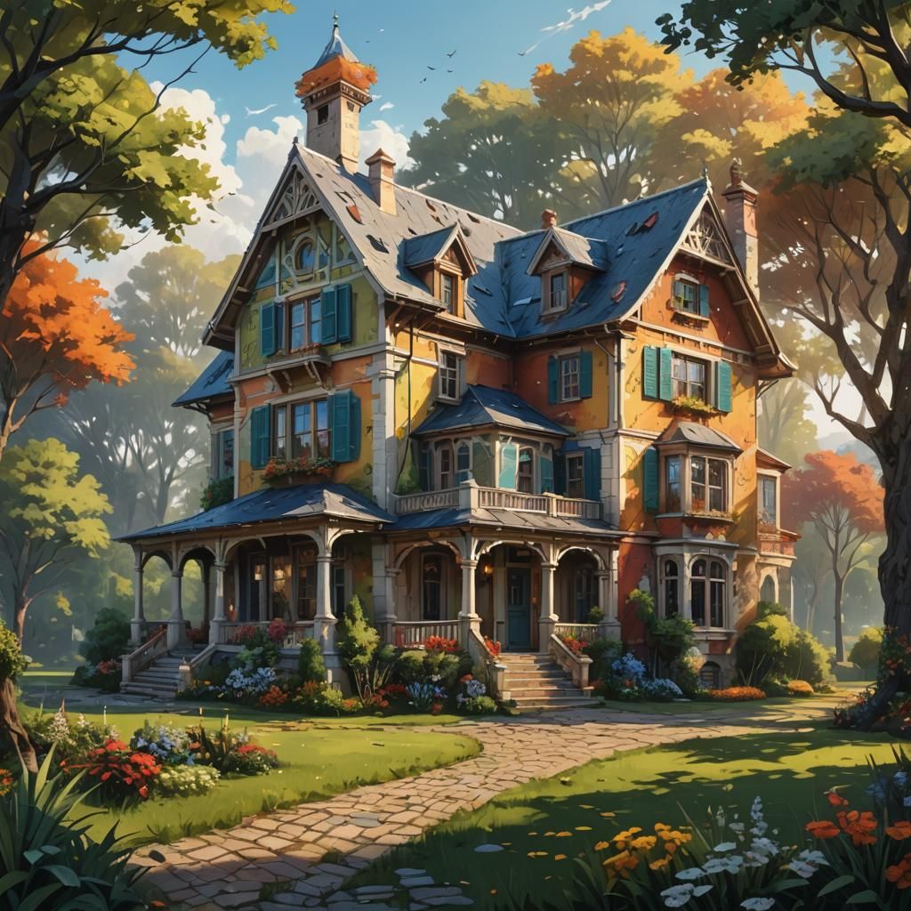 Hyperrealistic Country House Amidst Colorful Landscape