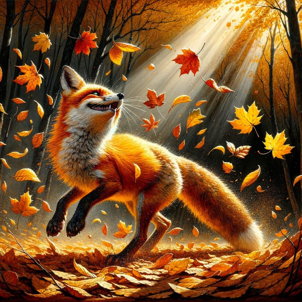 Autumn Fox Mid-Leap in Golden Leaves
