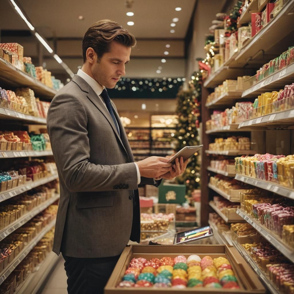 Executive Checks Christmas Sweets in Shopping Mall