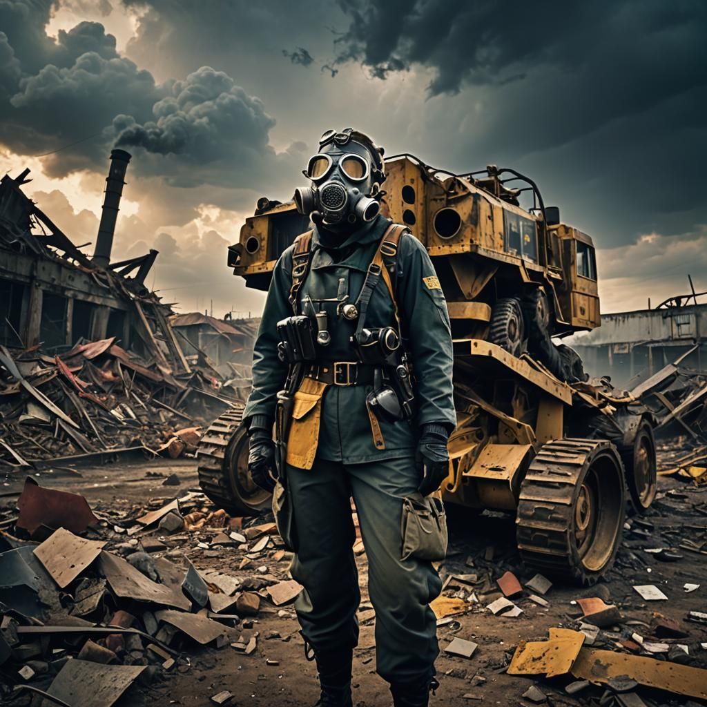 Dieselpunk Soldier in Wasteland with War Machine