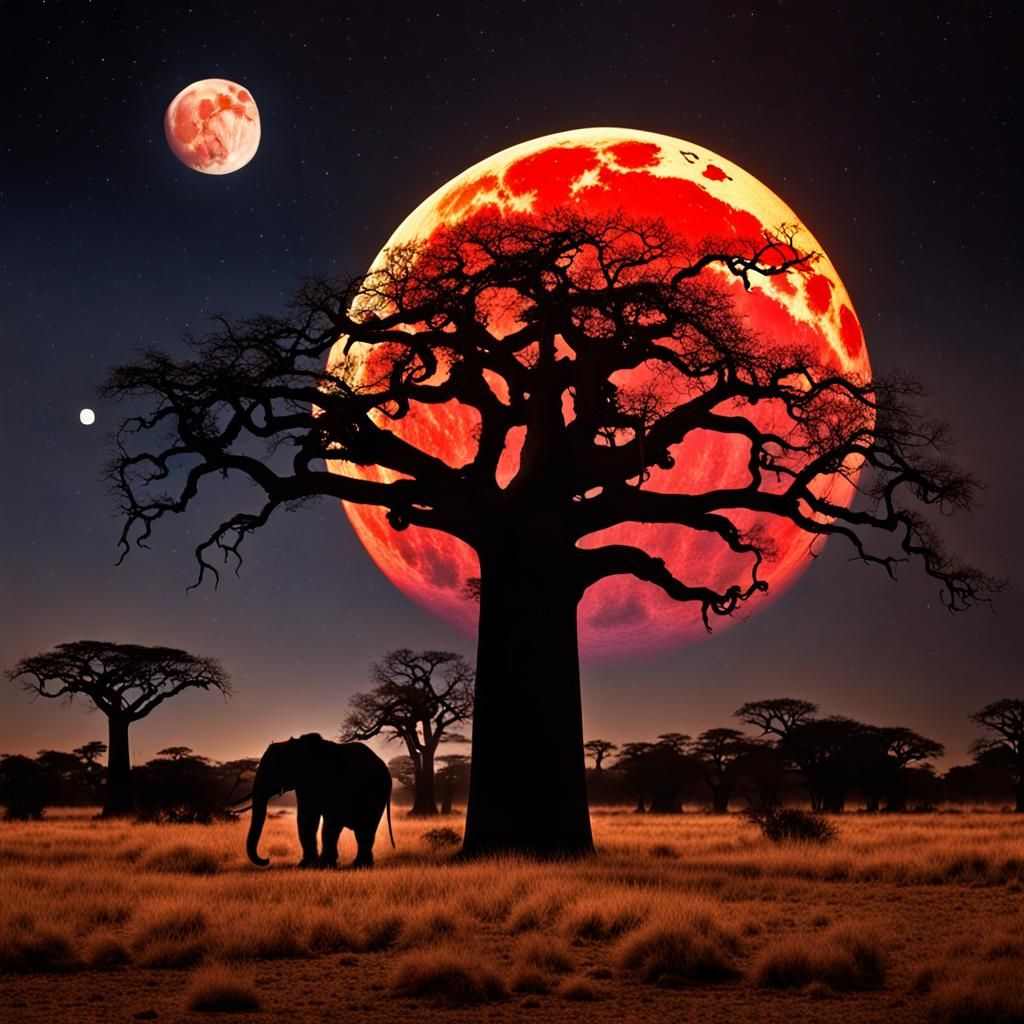 Large Blood Moon Behind a Baobab Tree
