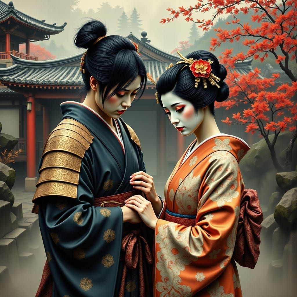 Samurai and Geisha Before Ancient Japanese Temple