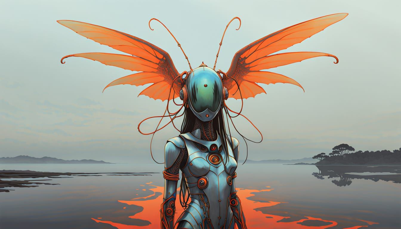Ethereal Orange Landscape with Winged Techno-Fantasy Being