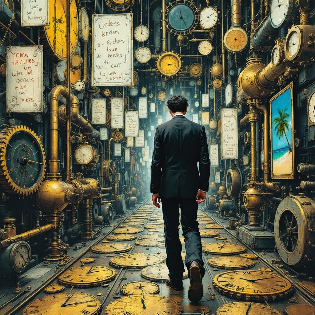 Stooped Figure Lost in Mechanized Halls