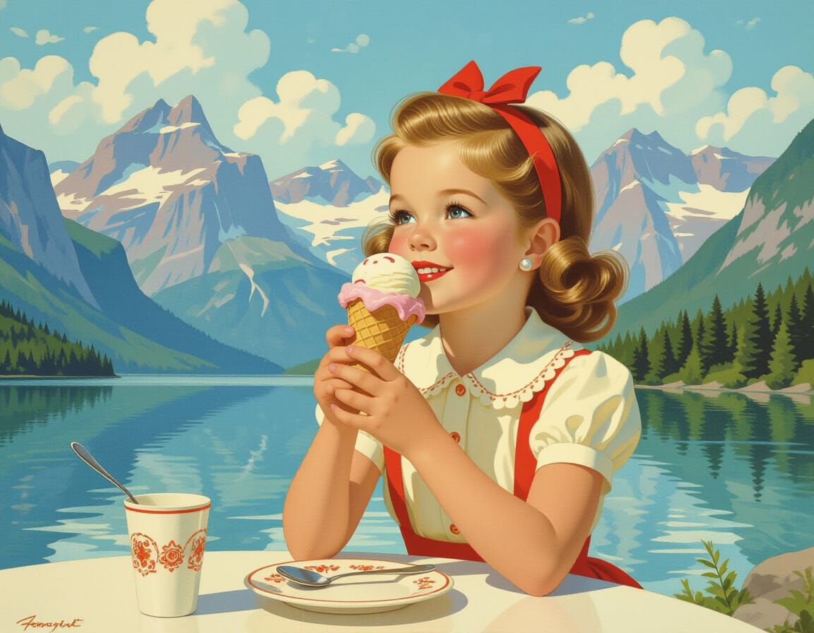 Vintage Girl with Ice Cream by Lake