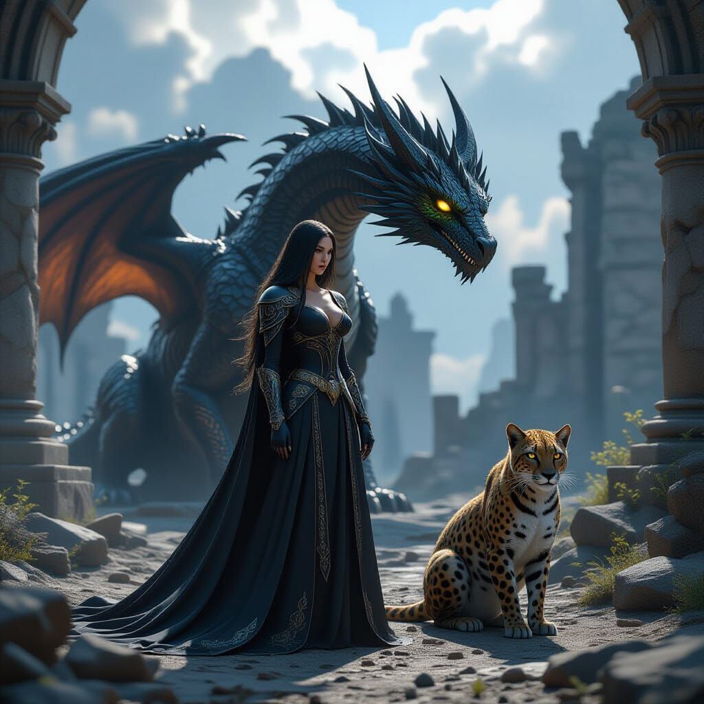 Dark Princess with Dragon and Leopard in Ancient Ruins