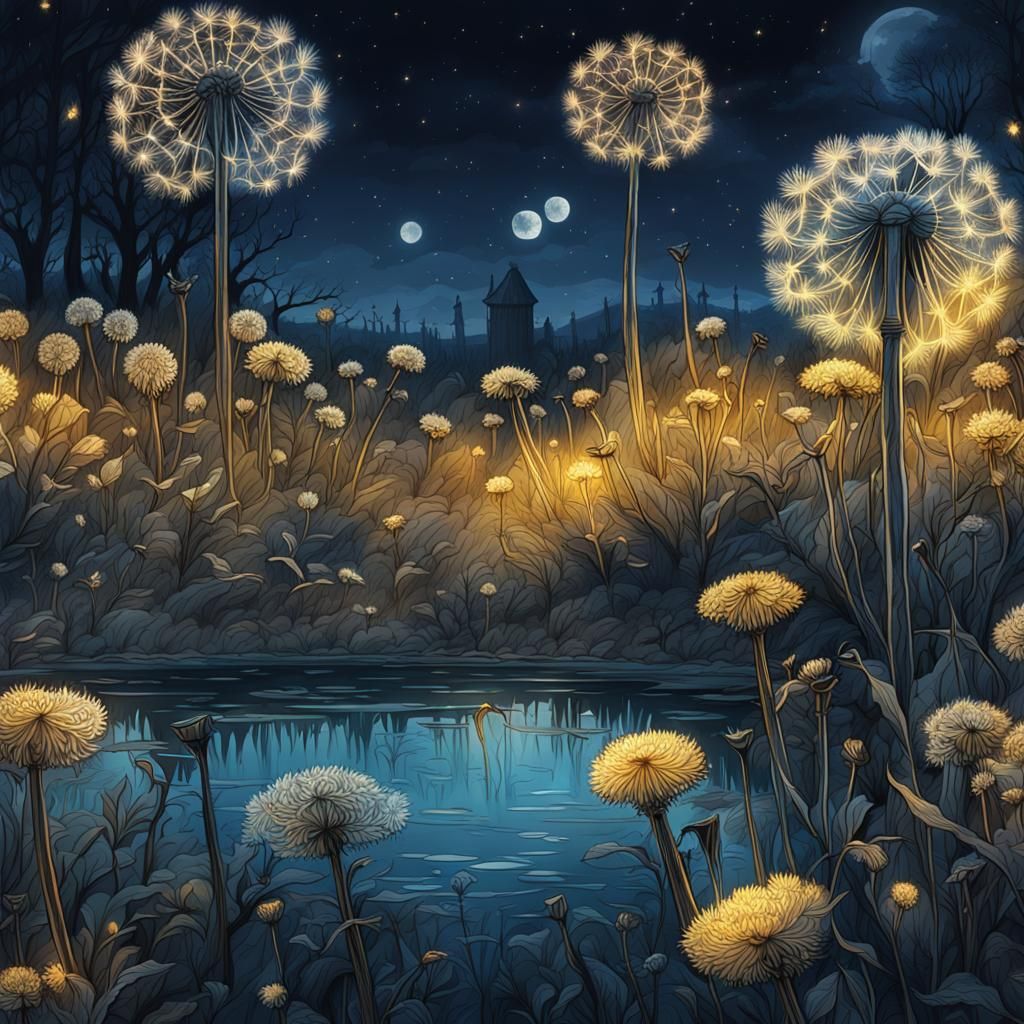 Dandelions at Night: Detailed Ink Drawing