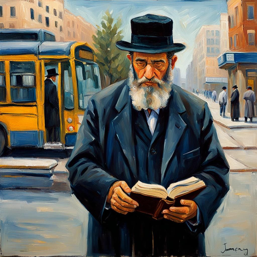 Hasidic Jew Waiting for Bus, Oil Painting Style