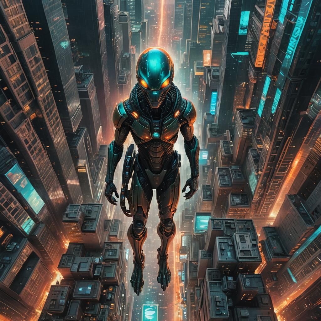 Alien Visitor in Cityscape: Sci-Fi Art Nouveau