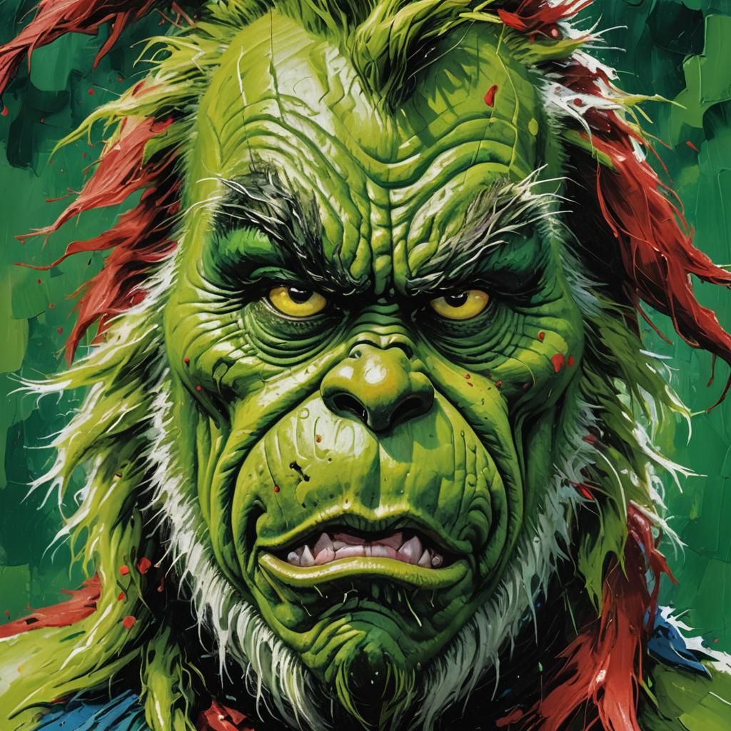 Hyperrealistic Grinch Splash Art in Oil Painting Style