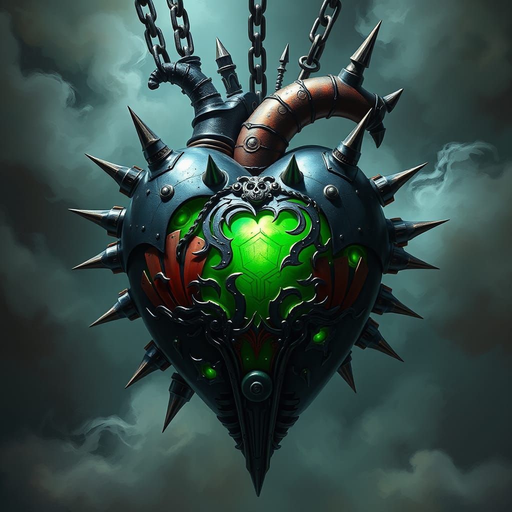 Gothic Metal Heart with Eerie Green Light
