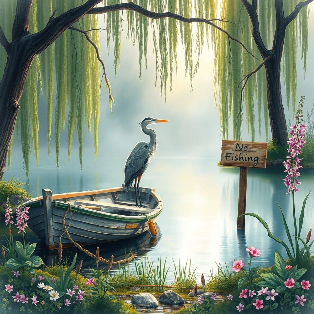 Ethereal Watercolour Scene of a Heron in a Misty Pond