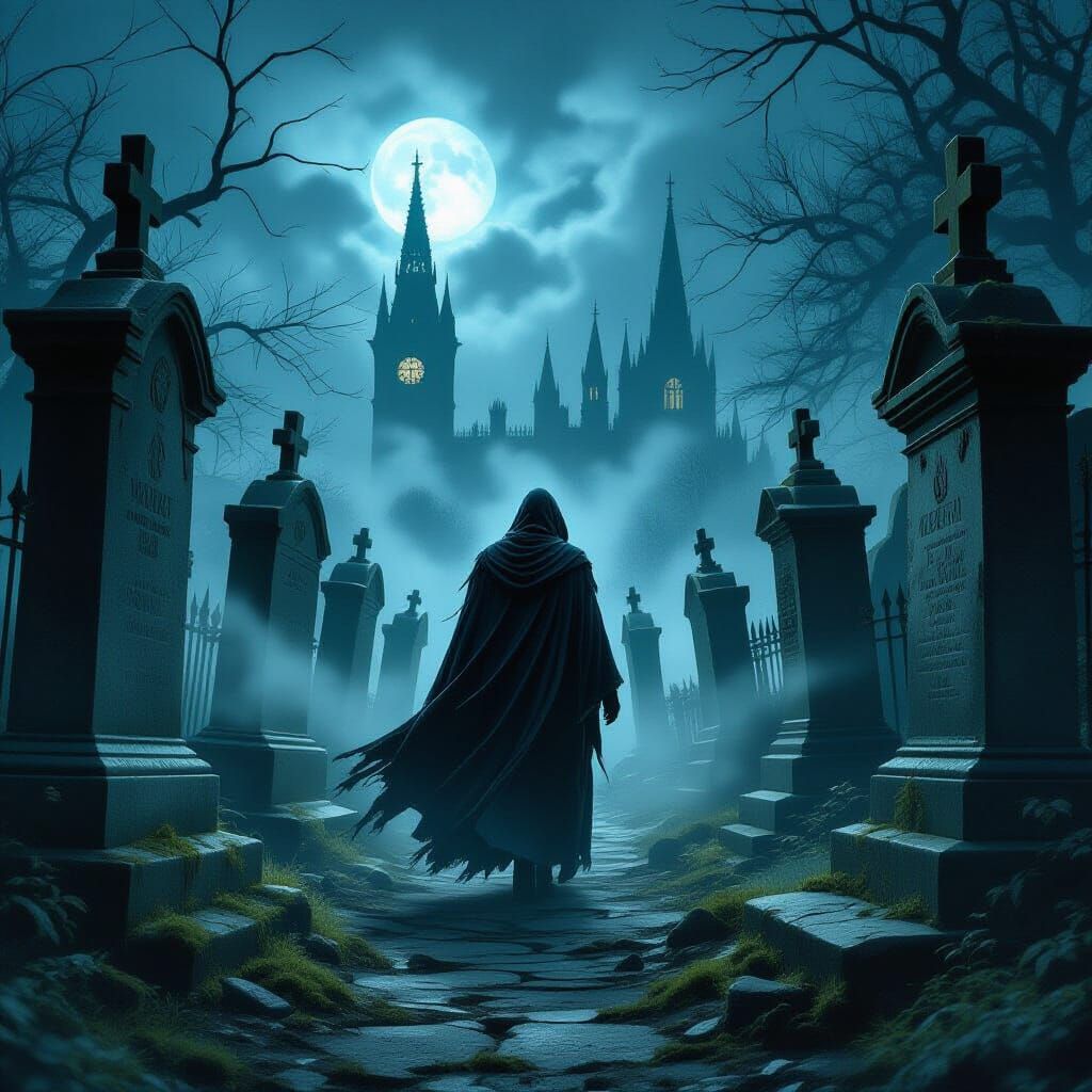 Victorian Graveyard At Midnight Matte Painting