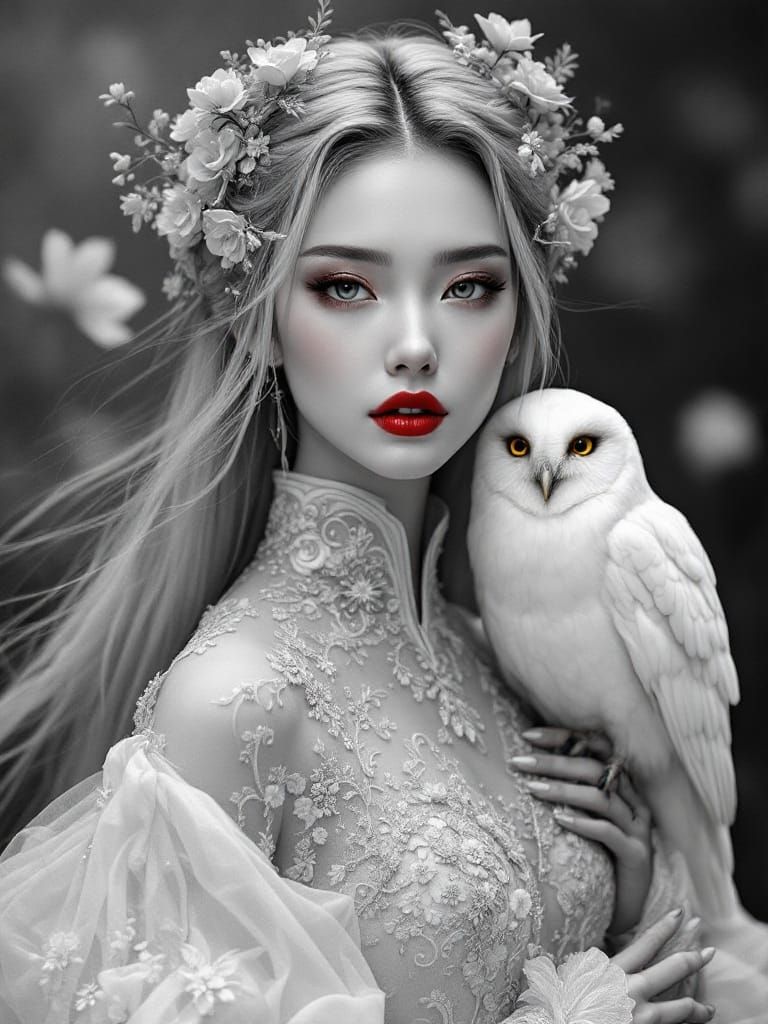 Monochrome Fantasy Portrait with Scarlet Lips and Owl
