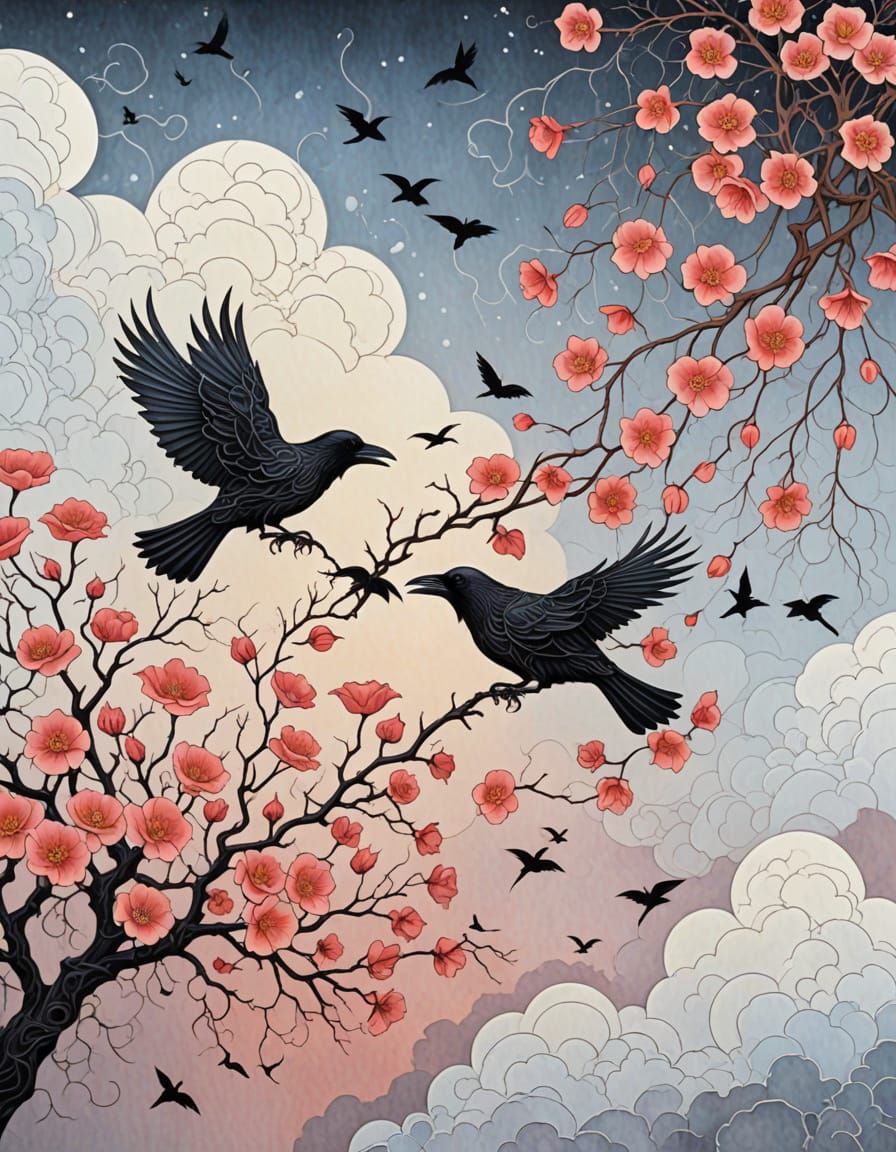 Gothic Raven Birds in Begonia Petal Tessellations