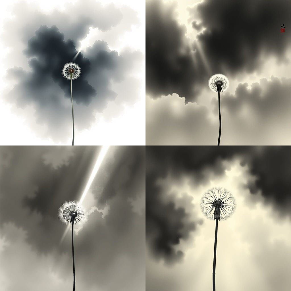 Dandelion Seed in Stormy Sky, Ink-Wash Style