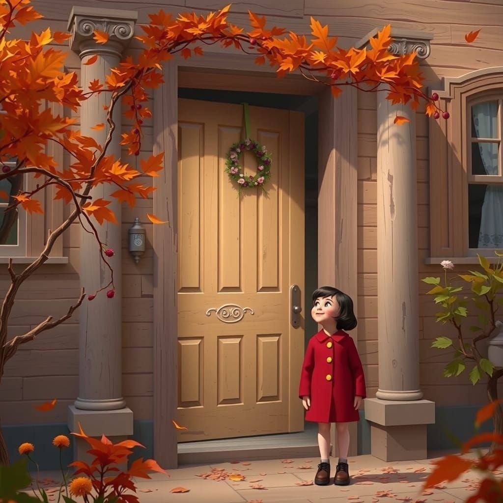 Whimsical Autumn Girl in Red Coat