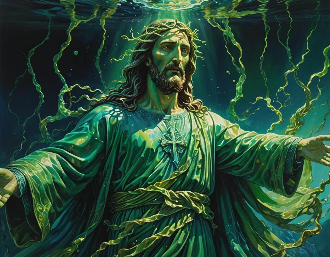 Underwater Christ Figure in Surreal Bioluminescent Oil Paint...