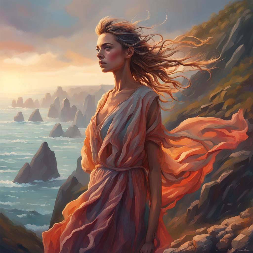 Windswept Woman on Cliff in Hyperrealistic Splash Art
