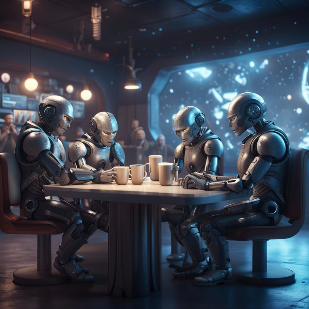 Sci-Fi Cyborgs Enjoying Coffee in Space, Hyperrealistic