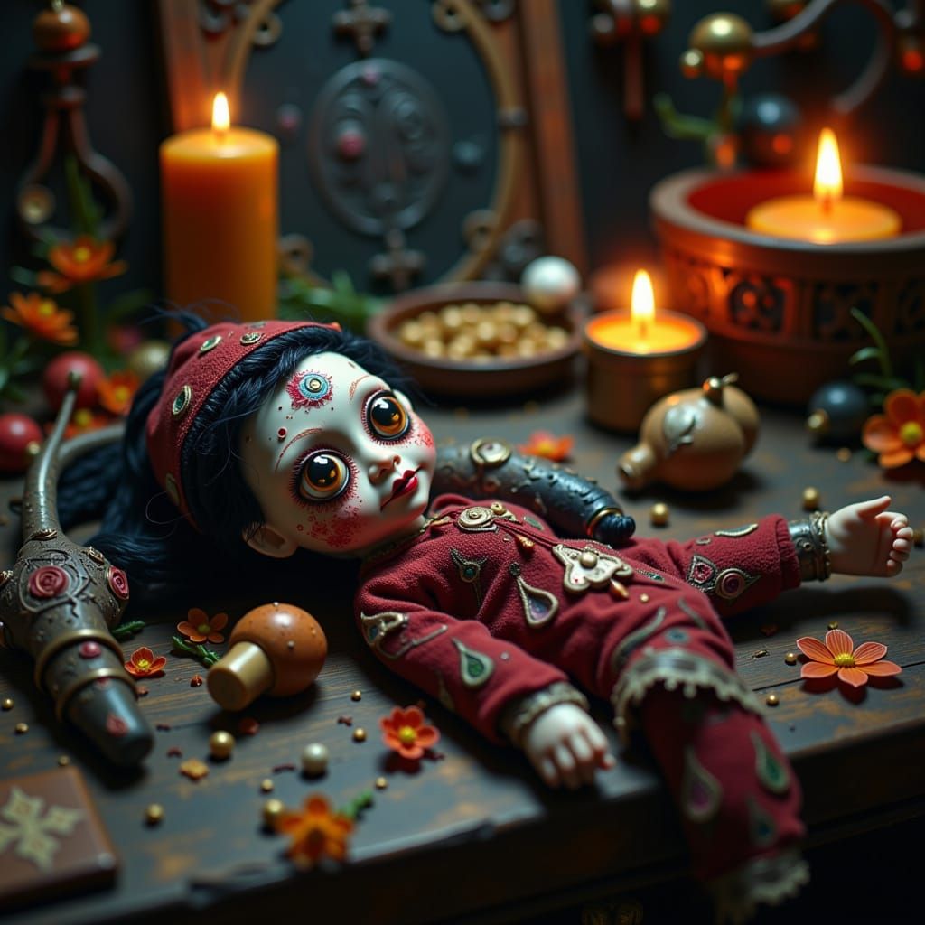 Eerie Voodoo Doll with Candles in Macro Photography