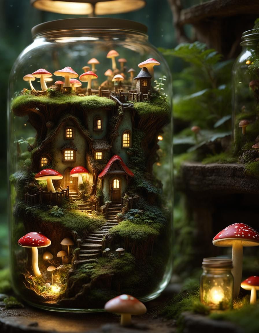 Miniature Mushroom Village in a Jar