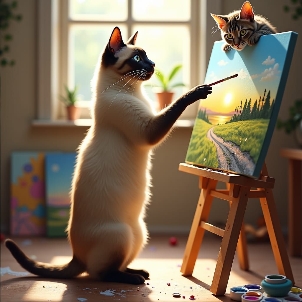 Siamese Cat Painting a Landscape in Art Studio