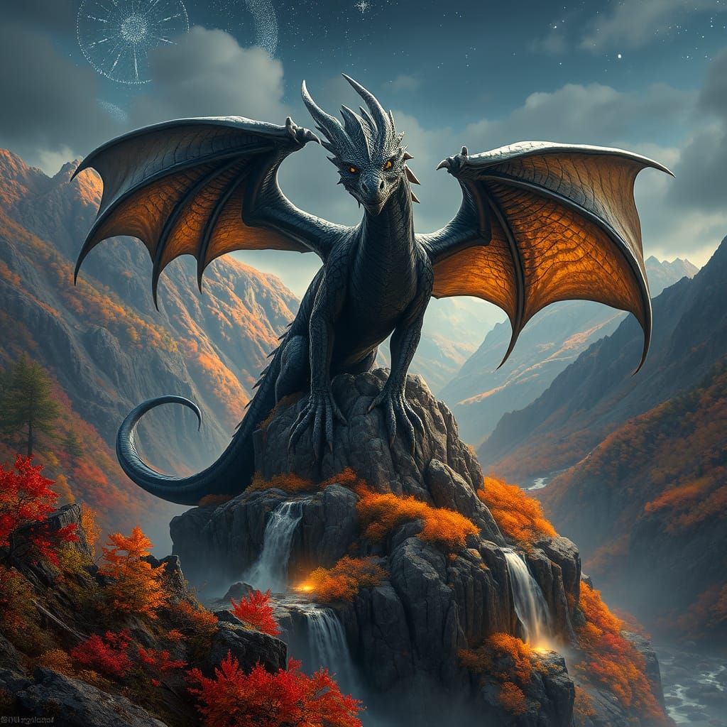 A majestic dragon with scales like polished obsidian and eye...