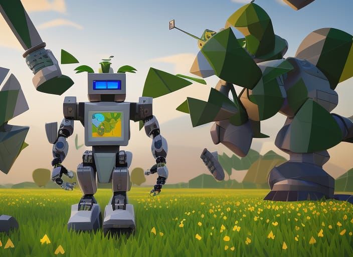 Lowpoly Robot in Secret Garden: Cubist Digital Art
