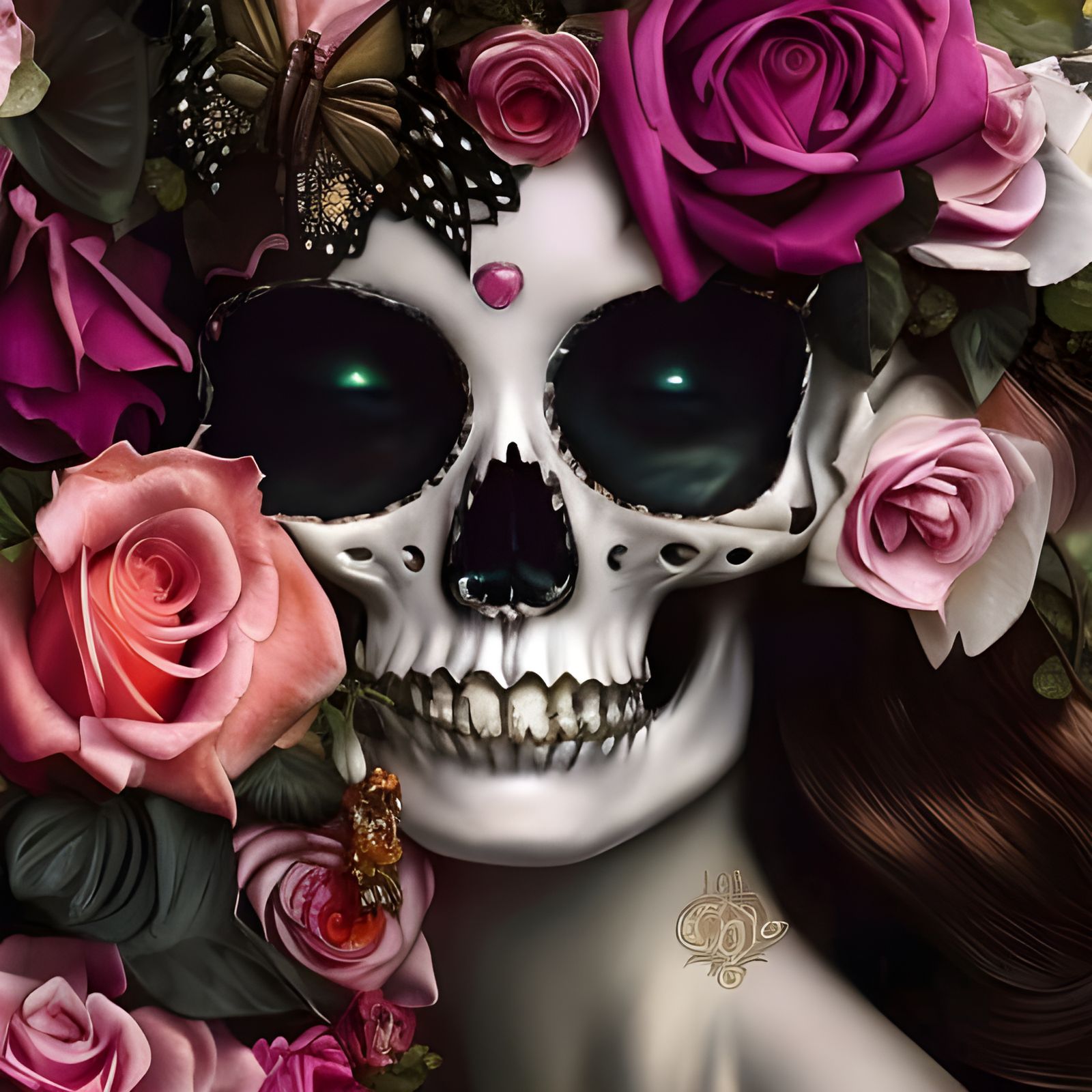 Rococo Skeleton Surrounded by Black Roses