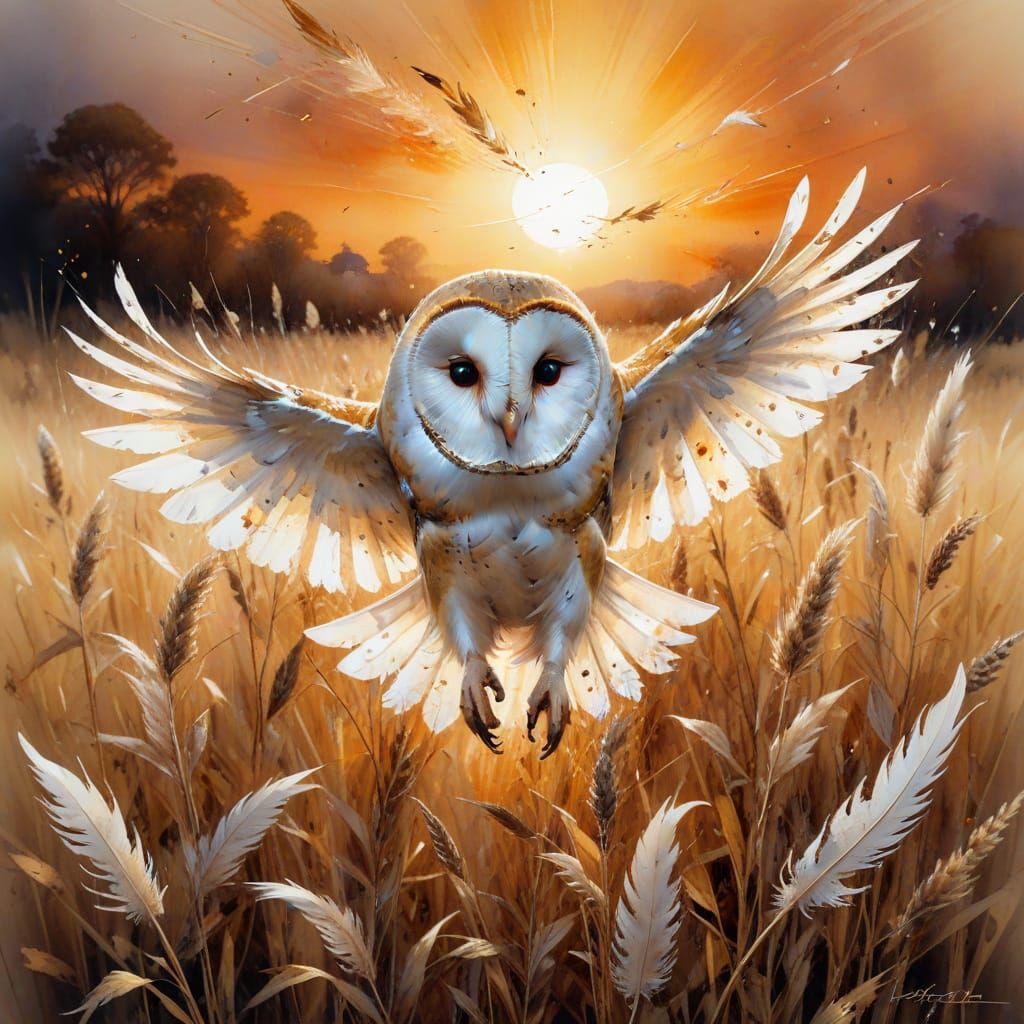 Barn Owl Hunting Over Golden Stubble Field in Hyperrealistic...