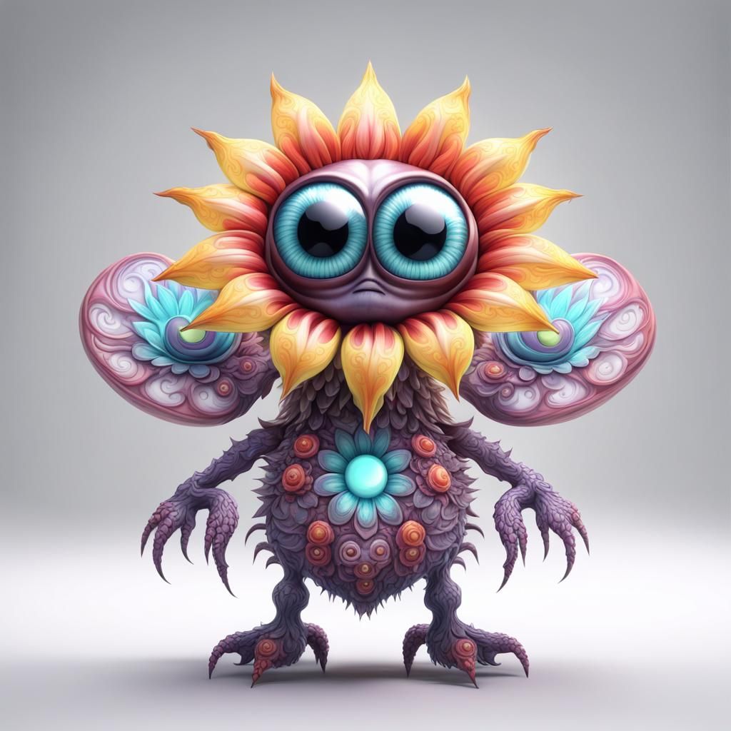 cute fantasy flower monster with large eyes full body extrem...
