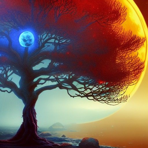 Glowing Blue Tree Under Blood Moon at Dawn