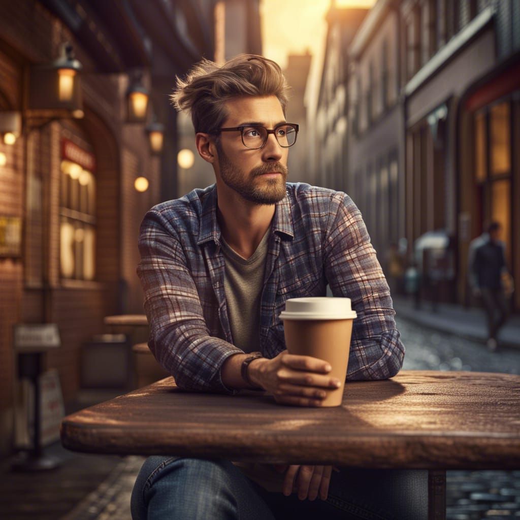 Attractive Hipster in Coffee House, Photorealistic