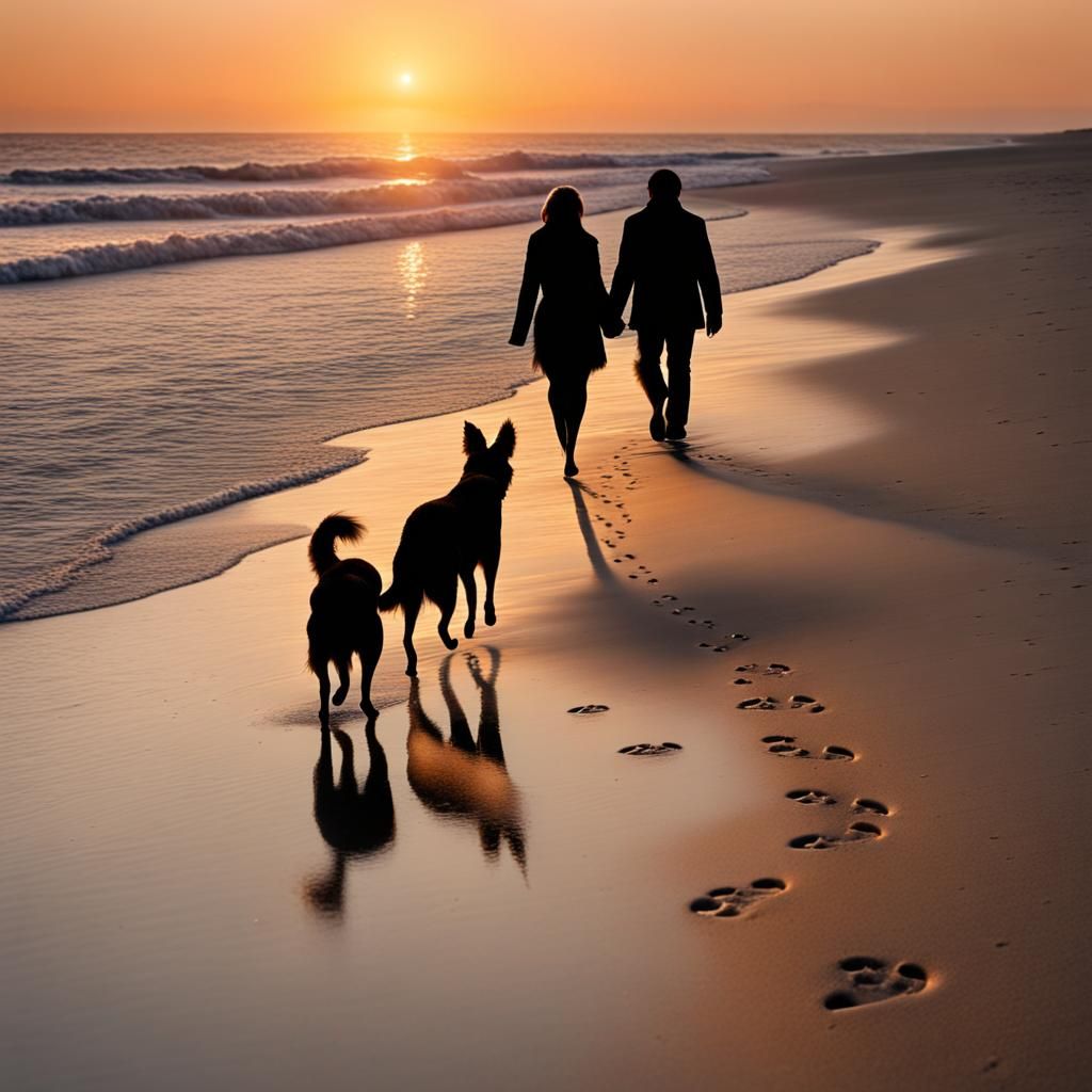 Romantic Beach Sunset with Dogs