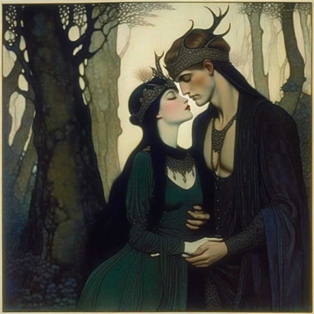 Man with Antlers Holds Girl's Face in Forest