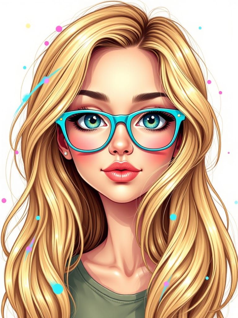 Colorful Caricature of a Woman with Teal Glasses