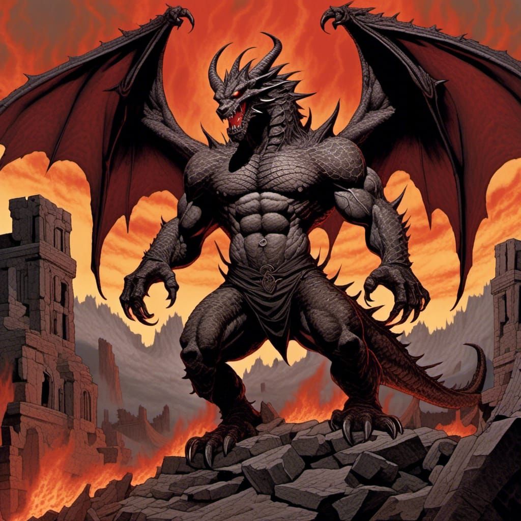 Anthropomorphic Dragon Strongman with Demon Wings as Digital...