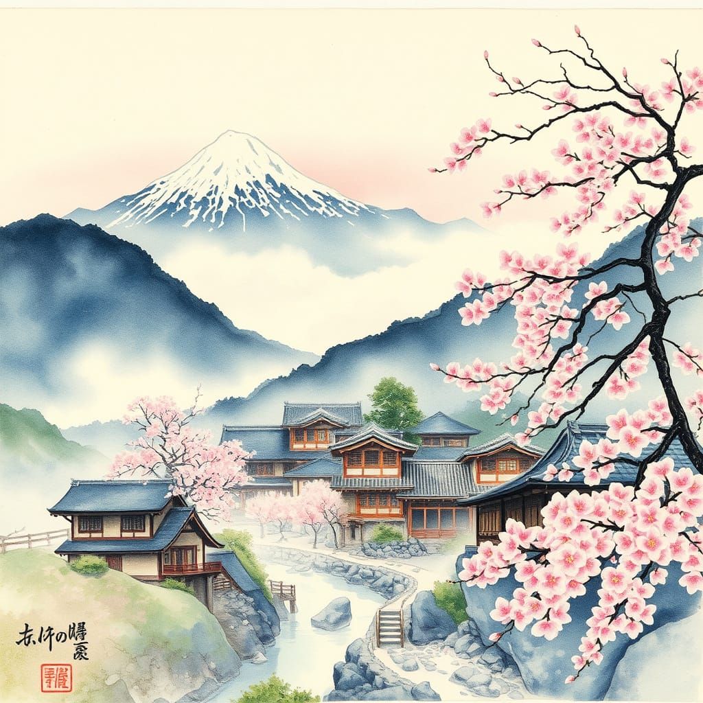 Misty Japanese Village in Watercolor Style