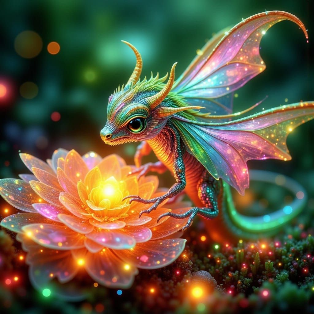 Neon Green Dragon on Crystal in Art Nouveau Style