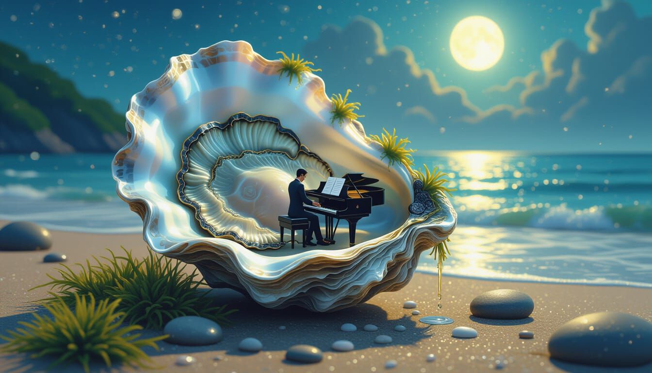 Surreal Oyster Pianist on Shoreline in Alcohol Ink