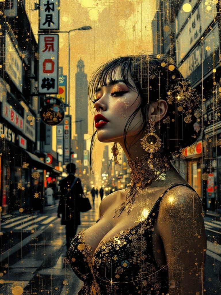 Golden Elegance in Tokyo Streets - Art Deco Fusion