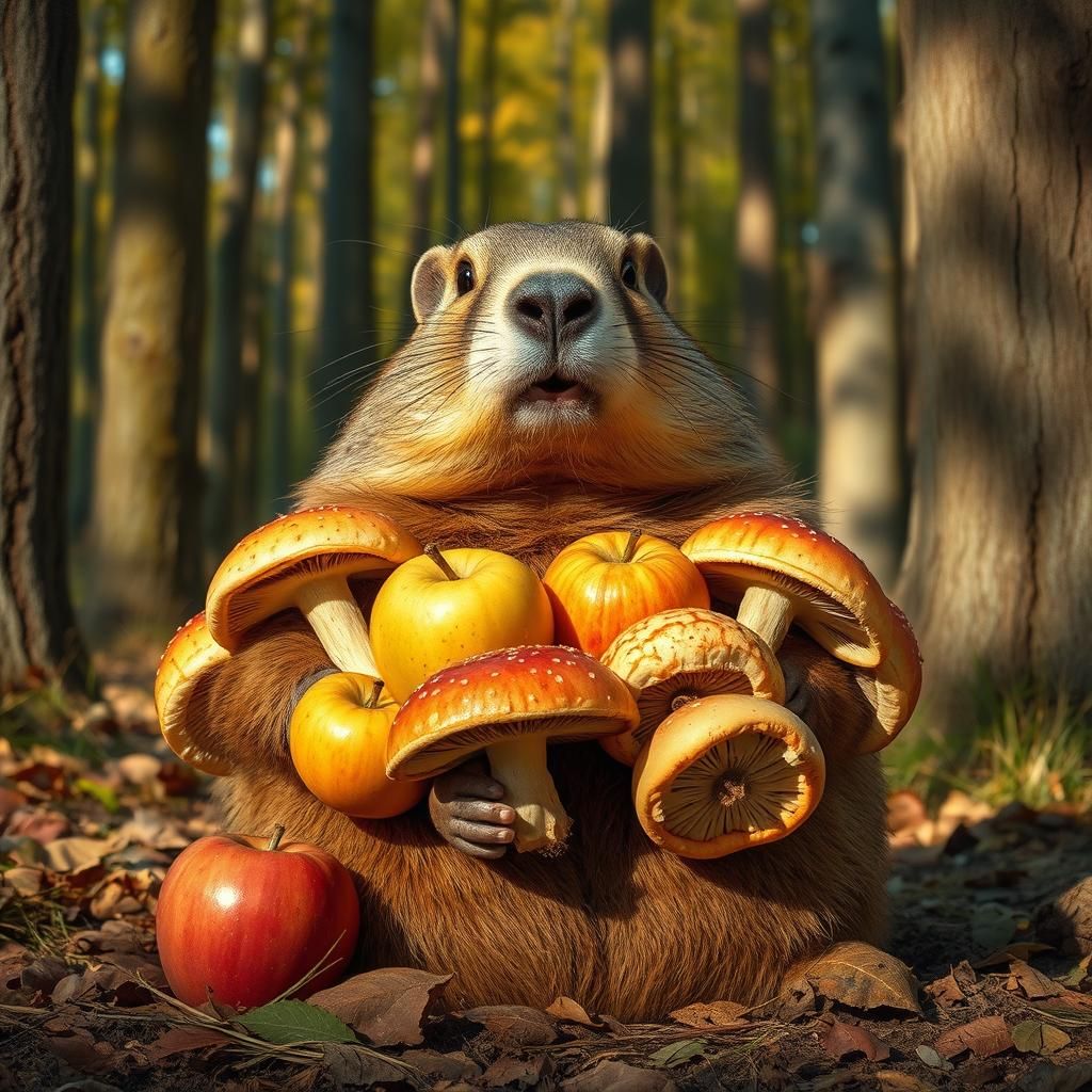 Proud groundhog with mushrooms and apples harvest