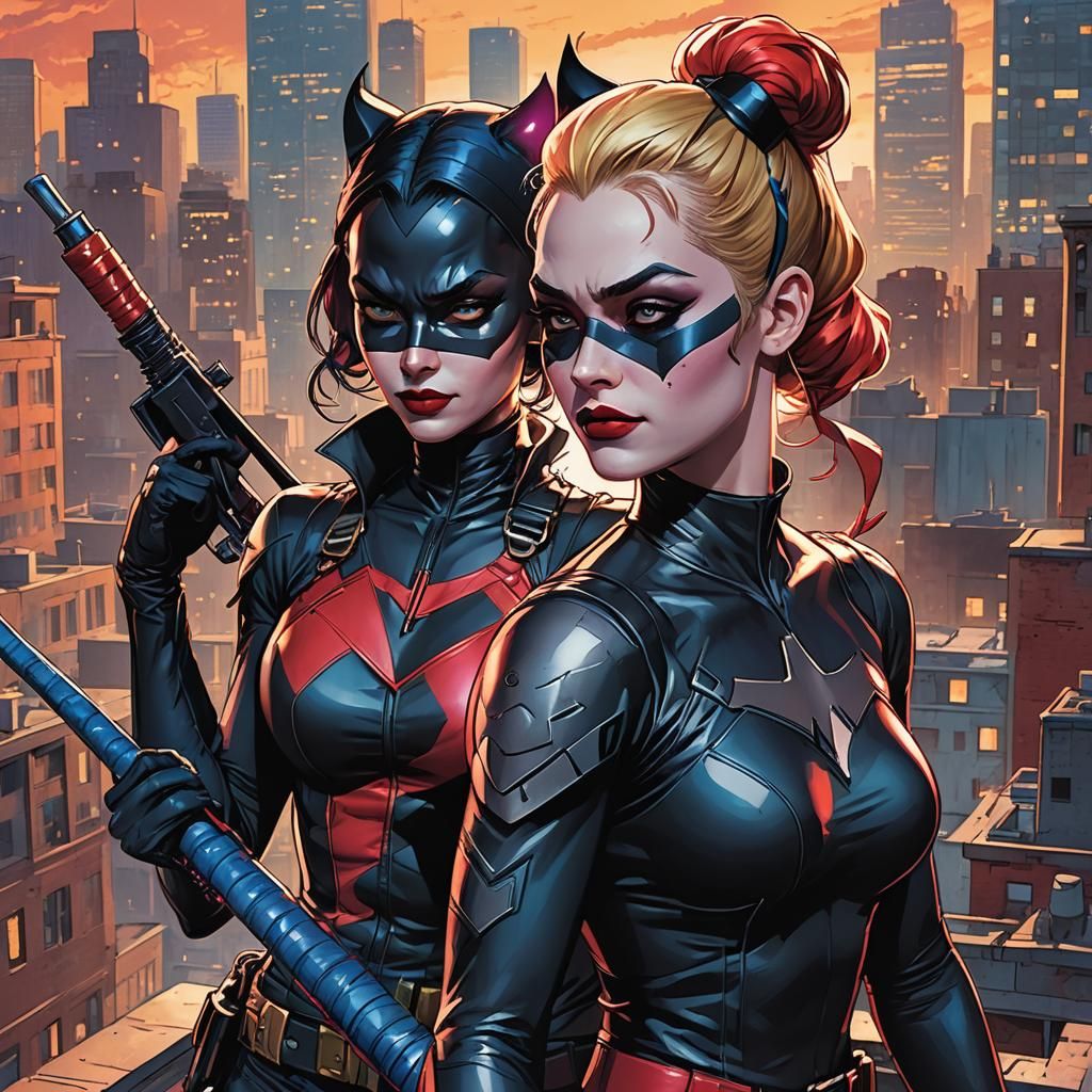 Catwoman and Harley Quinn Rooftop Comic Art