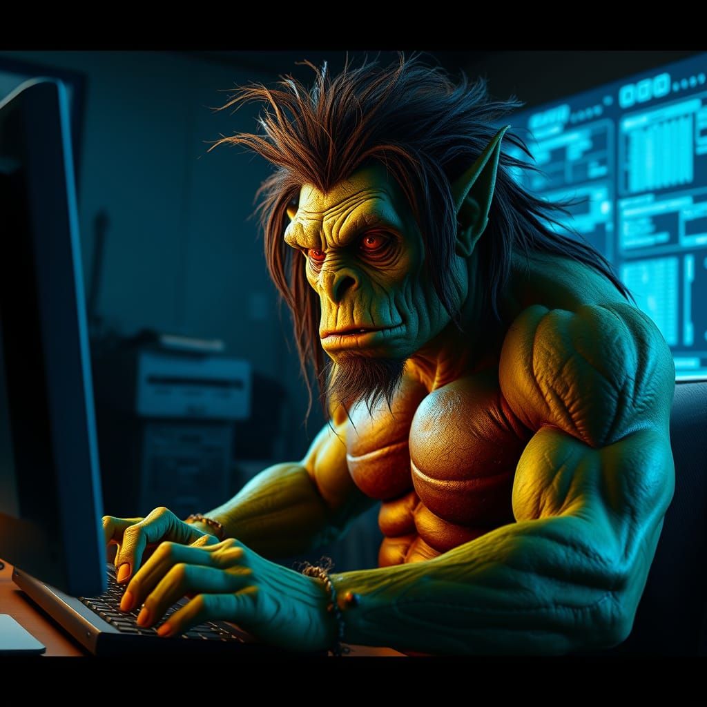 Muscular Troll Types on Computer in Dimly Lit Office