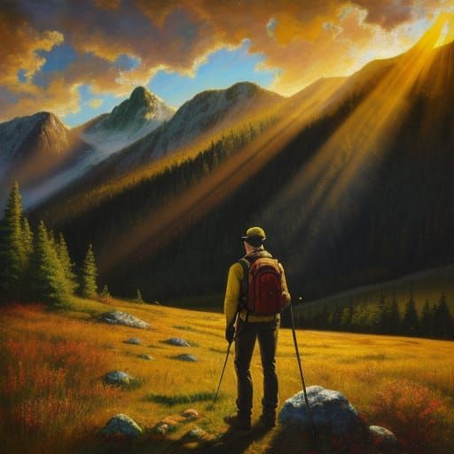 Hiker with Compass in Serene Landscape, Fauvist Expressionis...